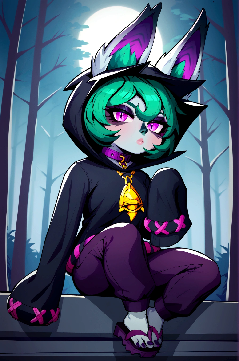 masterpiece,(best quality,top quality,8k),ultra detailed,painting,detailed eyes and face,(1girl),VexLoLXL, yordle, shortstack, pink eyes, green hair, bangs, short hair, grey skin, colored skin, black hood, hood up, ears through headwear, white animal ears, black shirt, purple collar, golden ornament, long sleeves, sleeves past wrists, purple pants, sandals,sitting, looking at viewer, forest,night