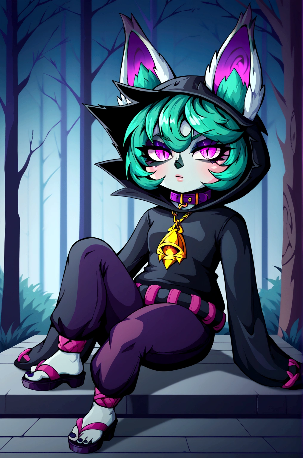 masterpiece,(best quality,top quality,8k),ultra detailed,painting,detailed eyes and face,(1girl),VexLoLXL, yordle, shortstack, pink eyes, green hair, bangs, short hair, grey skin, colored skin, black hood, hood up, ears through headwear, white animal ears, black shirt, purple collar, golden ornament, long sleeves, sleeves past wrists, purple pants, sandals,sitting, looking at viewer, forest,night