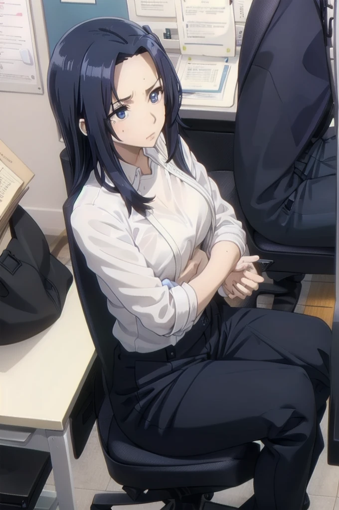 blue hair,,long hair,blue eyes,(((office suit,)))(disgust,looking disgusted, abhore),in the office,sitting on the office chair
