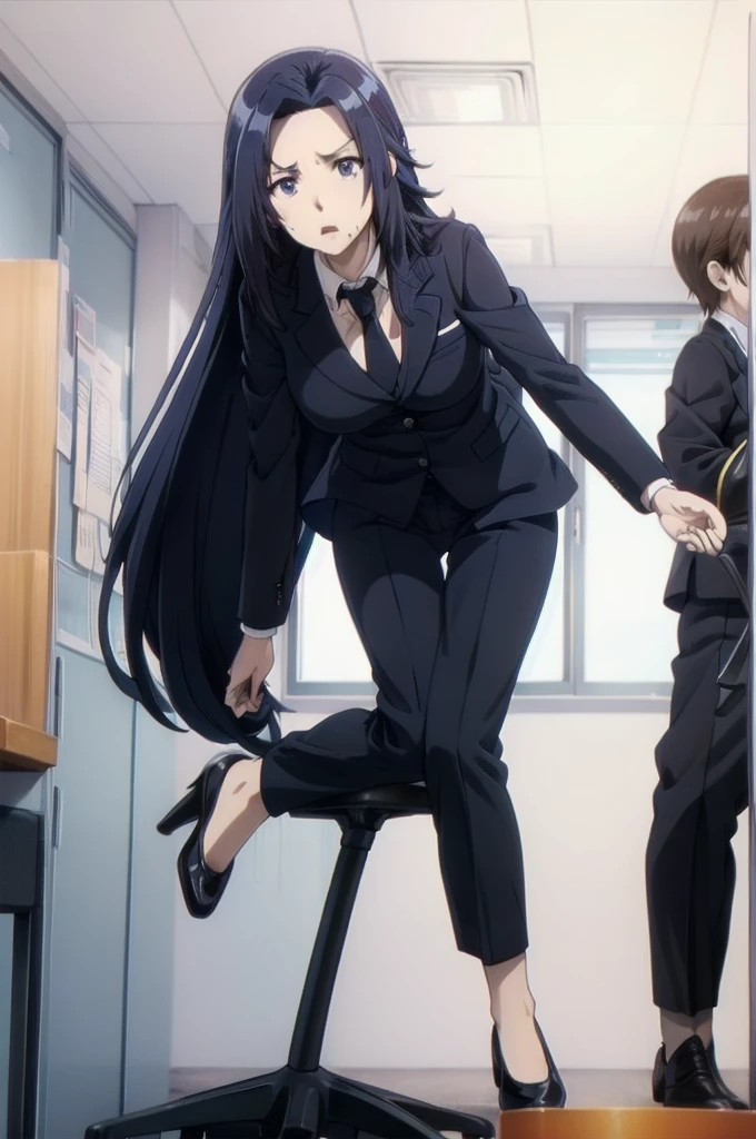 blue hair,,long hair,blue eyes,(((office suit,)))(disgust,looking disgusted, abhore),in the office,sitting on the office chair