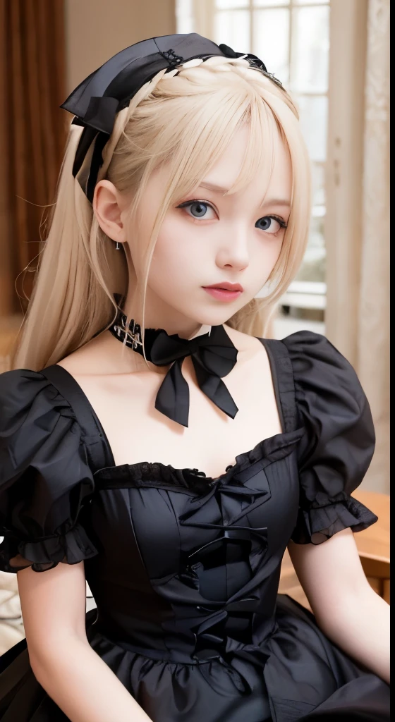 (Tabletop, Highest quality:1.2), 8K, 85mm, Official Art, RAW Photos, Absurd, Platinum Blonde Hair, (blue eyes, Lolita Fashion, Sweet Lolita, Gothic, dress:1.2), Idol's face, Upper Body, beautiful girl, Gardeniass, Copenhagen, Short sleeve, grace, Sophisticated, Gardenia, View your viewers, Film Grain, chromatic aberration, Sharp focus, Face Light, Dynamic Lighting, Cinema Lighting, Detailed face, Bokeh Background