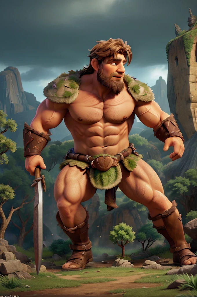 a barbarian warrior climbing up a massive beanstalk, muscular male figure in fur armor, holding a large battle axe, dramatic lighting, fantasy landscape, lush green foliage, cloudy sky, cinematic composition, epic fantasy, muted color palette, chiaroscuro lighting, highly detailed, intricate textures, (best quality,4k,8k,highres,masterpiece:1.2),ultra-detailed,(realistic,photorealistic,photo-realistic:1.37)