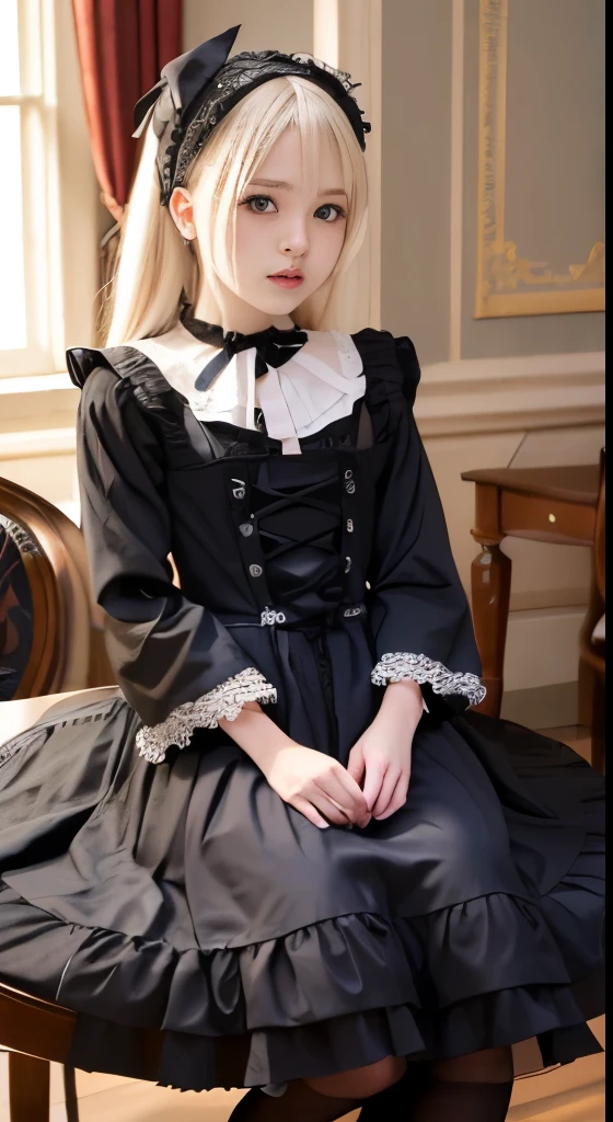 (Tabletop, Highest quality:1.2), 8K, 85mm, Official Art, RAW Photos, Absurd, Platinum Blonde Hair, (blue eyes, Lolita Fashion, Sweet Lolita, Gothic, dress:1.2), Idol's face, Upper Body, beautiful girl, Gardeniass, Copenhagen, Short sleeve, grace, Sophisticated, Gardenia, View your viewers, Film Grain, chromatic aberration, Sharp focus, Face Light, Dynamic Lighting, Cinema Lighting, Detailed face, Bokeh Background