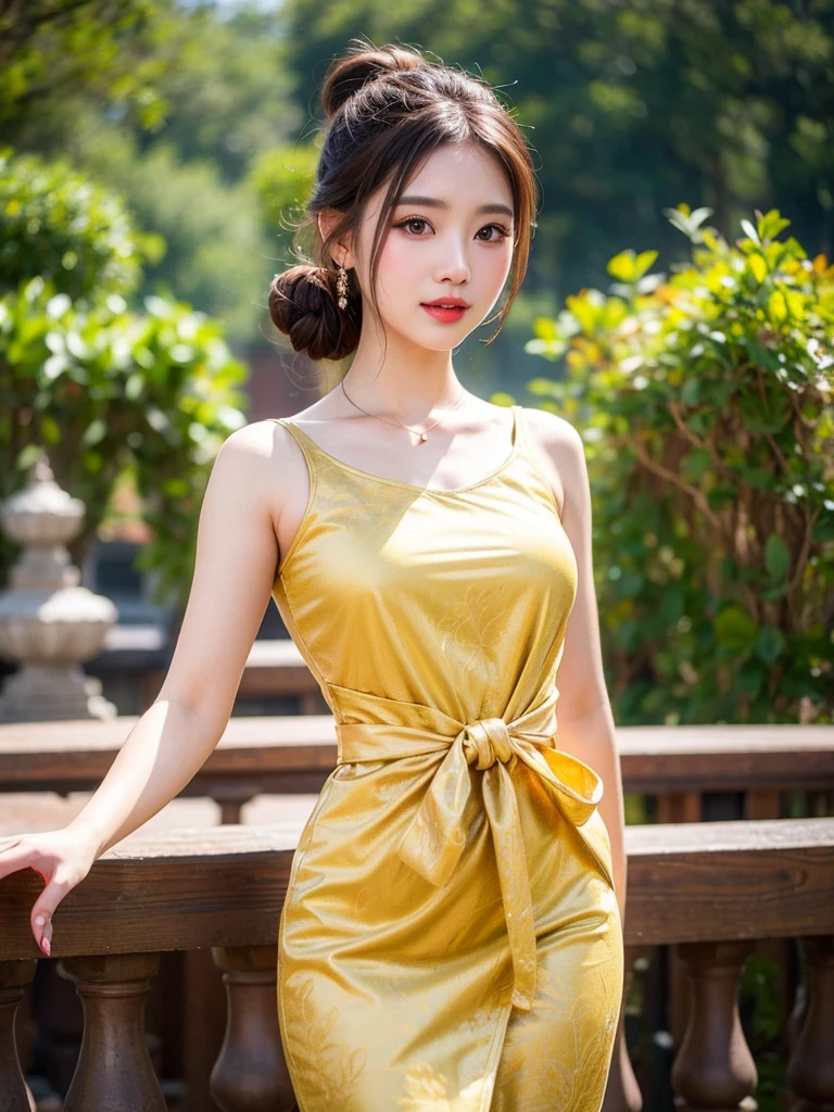 1 girl, hair bun, beautiful girl, mmTD burmese patterned traditional dress, yellow dress, outdoor, perfect light, masterpiece, best quality, ultra detailed, cinematic feels, looking at the viewer, 8k, RAW photo, realistic, photo realistic, intricately detailed, UHD, full HD, ultra resolution