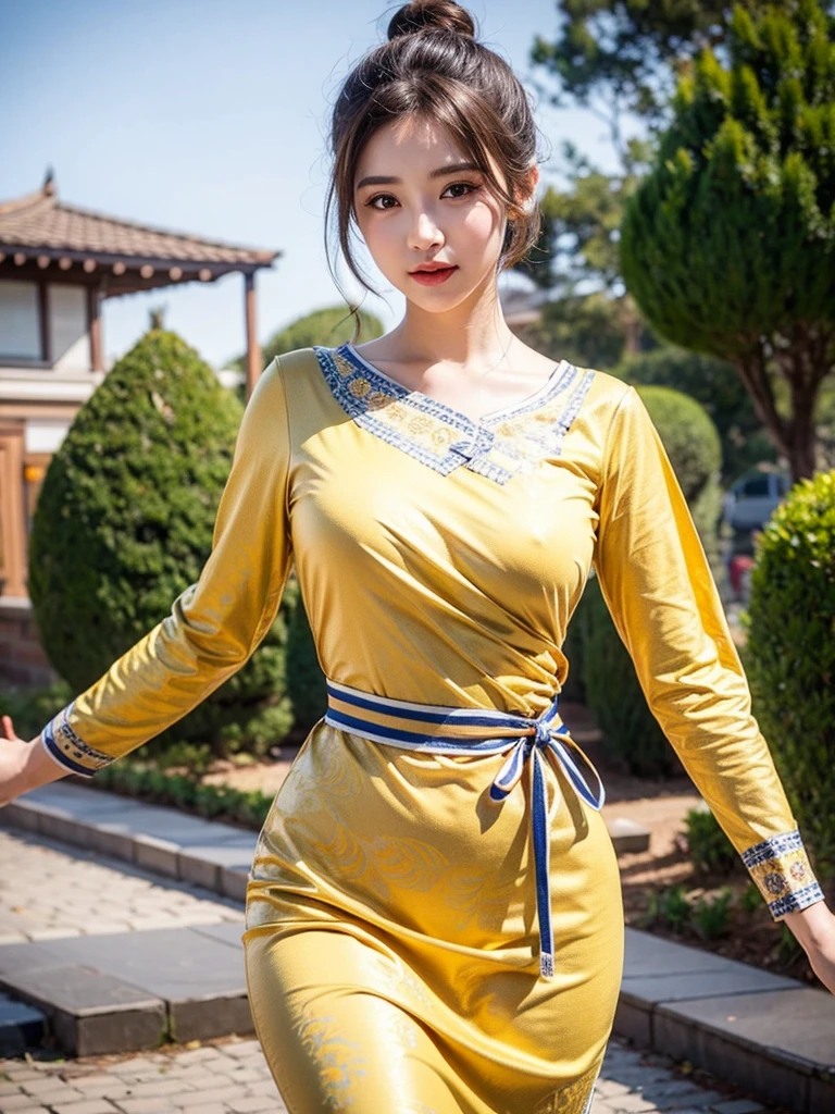 1 girl, hair bun, beautiful girl, mmTD burmese patterned traditional dress, yellow dress, outdoor, perfect light, masterpiece, best quality, ultra detailed, cinematic feels, looking at the viewer, 8k, RAW photo, realistic, photo realistic, intricately detailed, UHD, full HD, ultra resolution