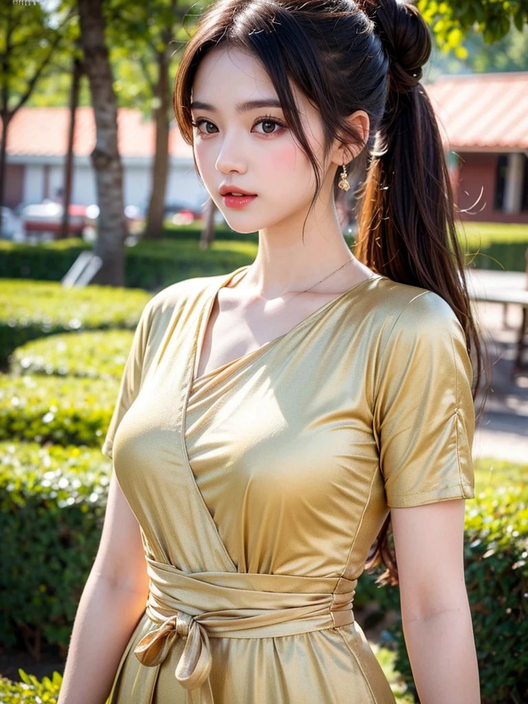 1 girl, hair bun, beautiful girl, mmTD burmese patterned traditional dress, yellow dress, outdoor, perfect light, masterpiece, best quality, ultra detailed, cinematic feels, looking at the viewer, 8k, RAW photo, realistic, photo realistic, intricately detailed, UHD, full HD, ultra resolution