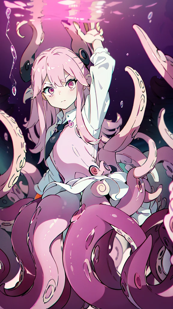 ((best quality)), ((highly detailed)), absurdres, (detailed eyes),((1girl,20 years old,solo,mature female)),long hair,pink hair,(((white shirt,black standart tie,black skirt))),dynamic pose, cowboy shot, (((pink scylla))), (((pink octopus girl))), standing, (pink tentacles:1.33), (suction cups:1.33), (fused:1.33), ((pink tentacle legs)), squidlegs, ((underwater,sea, aurora,night)), serious,graceful,best hands