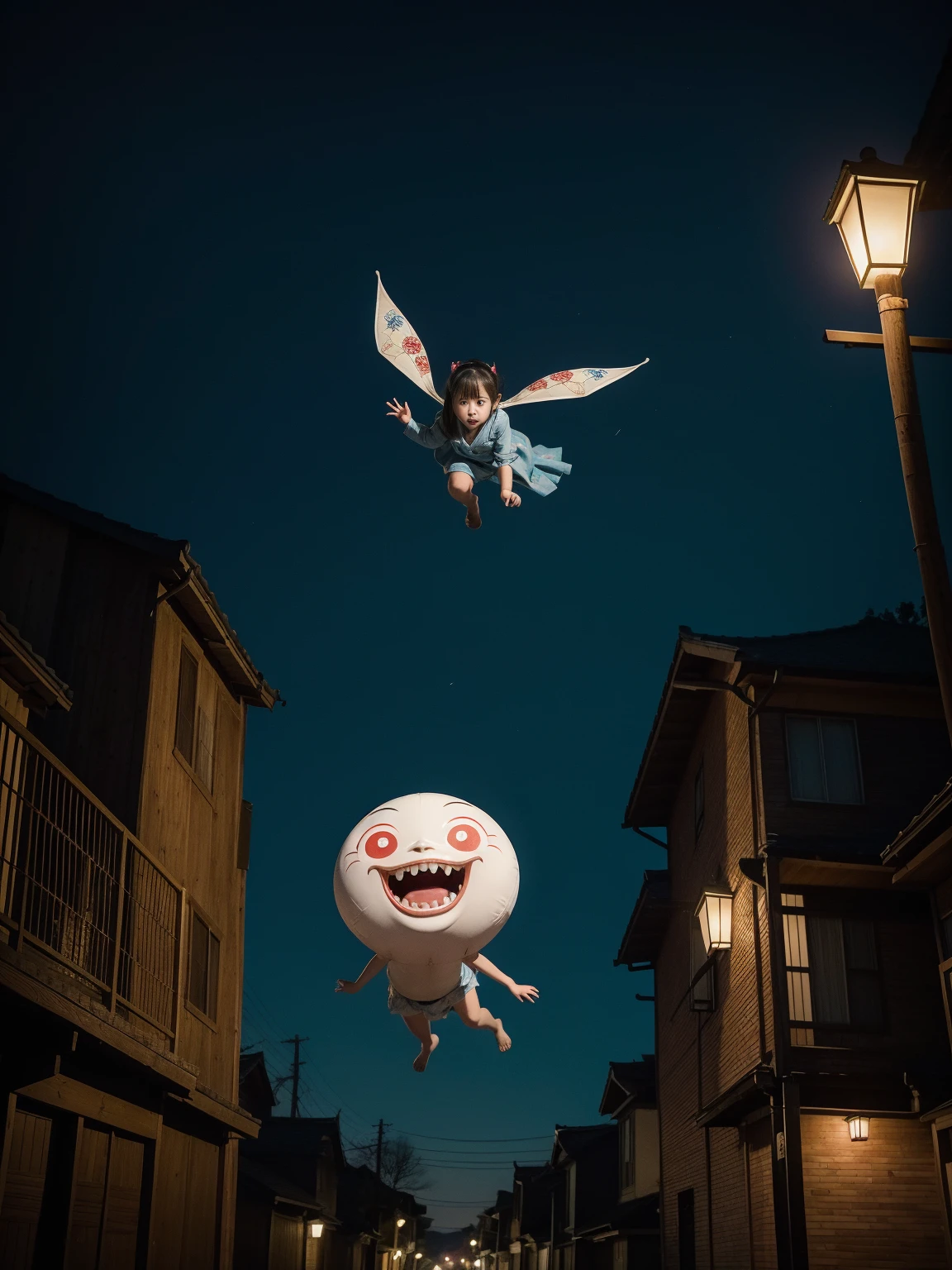 image of the traditional yokai known as Feitoupan (Flying Head), depicted as two disembodied heads flying through a quiet residential neighborhood at midnight. The heads have menacing expressions with long, flowing hair and sharp teeth. The eerie glow from streetlights casts long, haunting shadows, enhancing the supernatural and unsettling atmosphere
