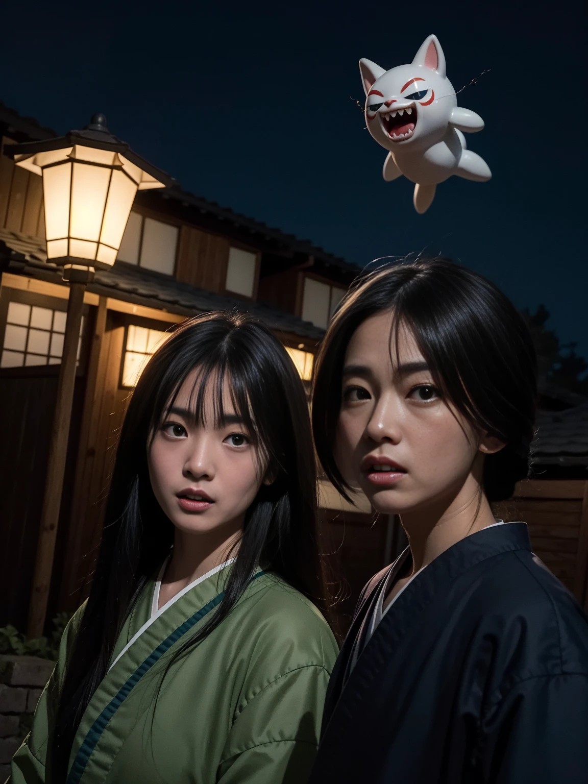 image of the traditional yokai known as Feitoupan (Flying Head), depicted as two disembodied heads flying through a quiet residential neighborhood at midnight. The heads have menacing expressions with long, flowing hair and sharp teeth. The eerie glow from streetlights casts long, haunting shadows, enhancing the supernatural and unsettling atmosphere
