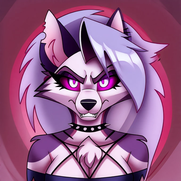 (masterpiece, best quality:1.2), Loona hellhound, wolf, furry, helluva boss, hypnotized with completely spyral glowing purple eyes with no irises or pupils, angry growling