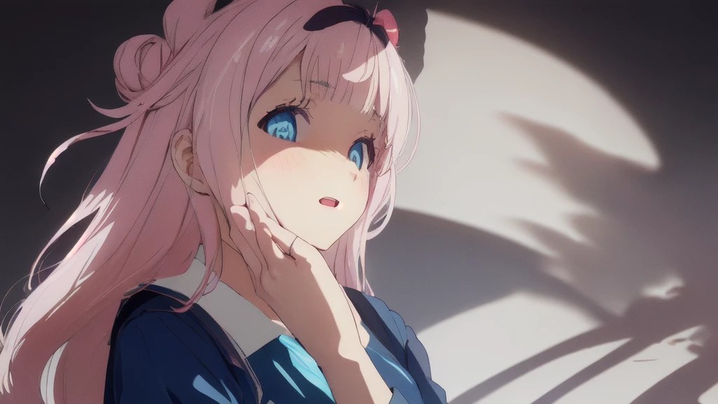 covering face, masterpiece,1girl,(blush:1.2),  peeking through fingers, yandere, (shaded face:1.4),  upper body, pov face, from below, seductive smile, open mouth, black background, satou, buns, double buns, blue jacket, white shirt, sweater vest, glowing eyes,  (extremely detailed CG unity 8k wallpaper,masterpiece, best quality, ultra-detailed, beautiful detailed eyes),(best illumination, best shadow, an extremely delicate and beautiful, bloom, absurdres,)