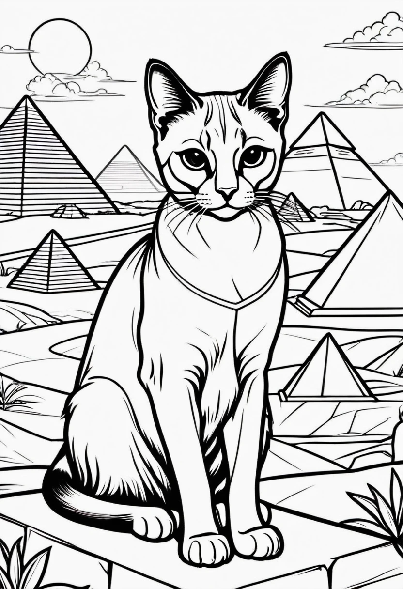 arte em linha, outline only, comic style, Pharaó siamese cat, egyptian siamese cat, coloring book page, black and white only, no colors, no shadows, chibi style, without background, cute cat, cartoon, kids coloring book, Egypt style, Pharaó siamese. Egypt Pyramids background