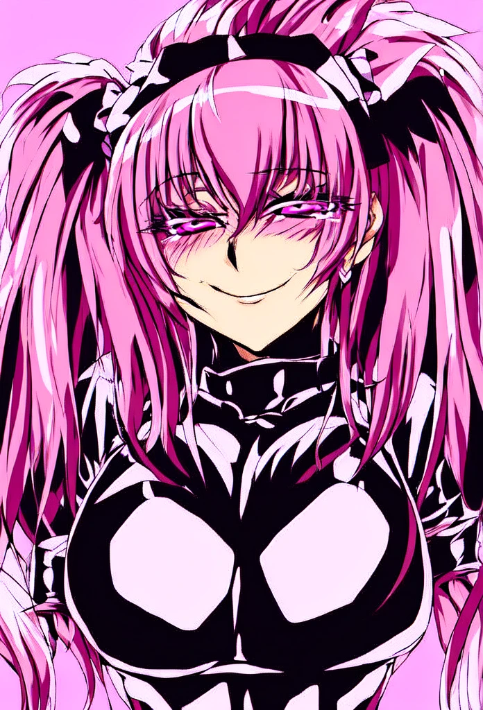 high quality, Very detailed, Perfect Face,   Bad End Pretty Cure, Blonde twin tails, ((Black Ruffled Bodysuit)), (Red frills), Black winged headband, A seductive smile, Shiny latex, Large Breasts ,Pink Hair, Pink Eyes,Wicked Smile, Dark world background, ,deep shaded face,sadistic smile,Malice,contempt,laugh at,latex,Bad face