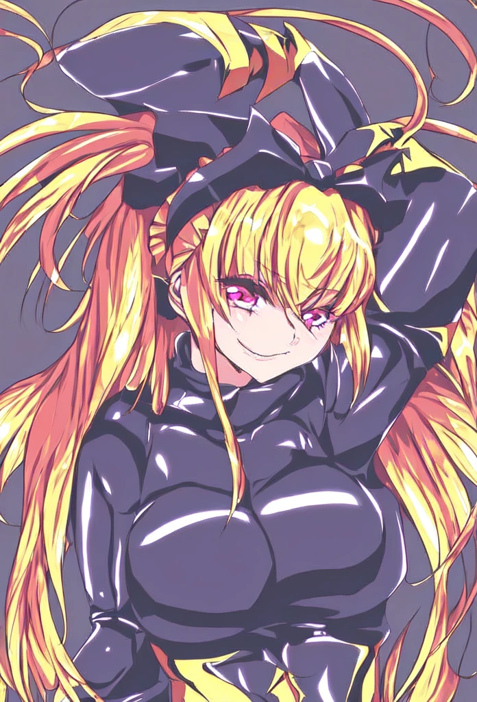 high quality, Very detailed, Perfect Face,   Bad End Pretty Cure, Blonde twin tails, ((Black Ruffled Bodysuit)), (Red frills), Black winged headband, A seductive smile, Shiny latex, Large Breasts ,Pink Hair, Pink Eyes,Wicked Smile, Dark world background, ,deep shaded face,sadistic smile,Malice,contempt,laugh at,latex,Bad face