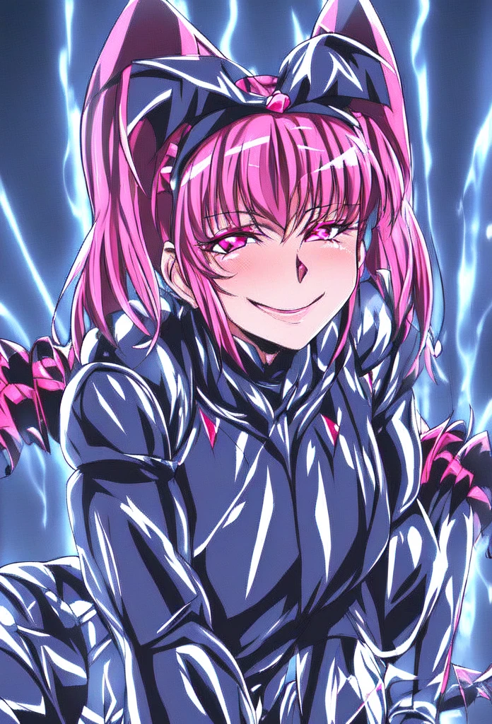 high quality, Very detailed, Perfect Face,   Bad End Pretty Cure, Blonde twin tails, ((Black Ruffled Bodysuit)), (Red frills), Black winged headband, A seductive smile, Shiny latex, Large Breasts ,Pink Hair, Pink Eyes,Wicked Smile, Dark world background, ,deep shaded face,sadistic smile,Malice,contempt,laugh at,latex,Bad face