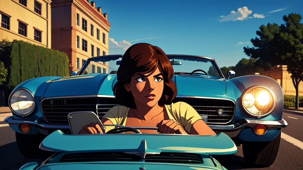 1970s convertible car driving down the street, cinematic action, masterpiece, super detail, textured skin, atmospheric perspective,