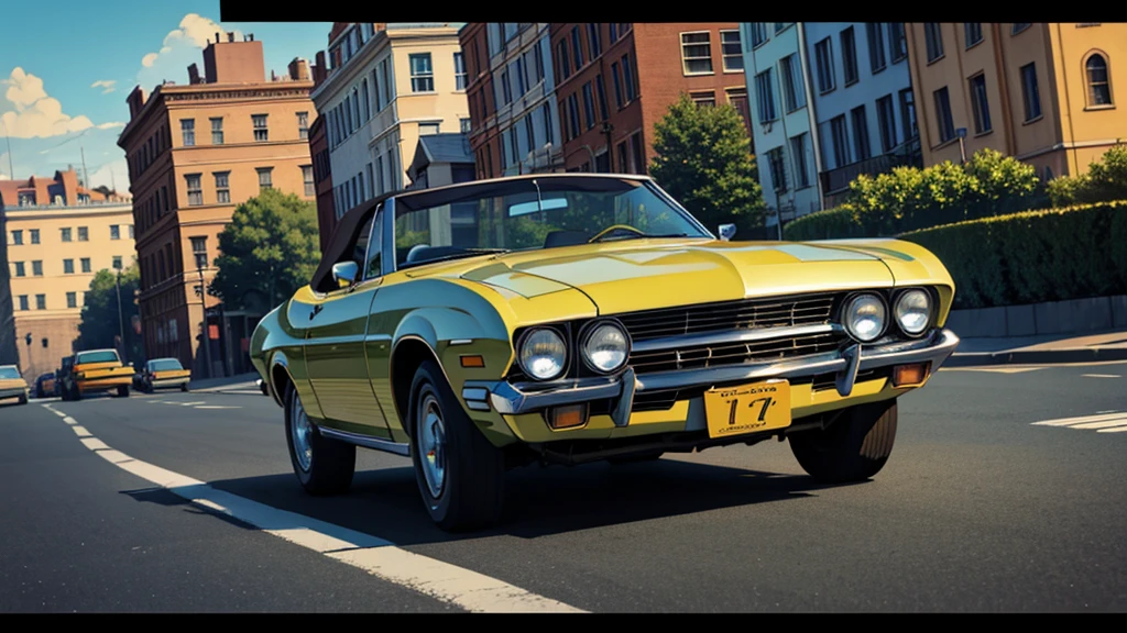1970s convertible car driving down the street, cinematic action, masterpiece, super detail, textured skin, atmospheric perspective,