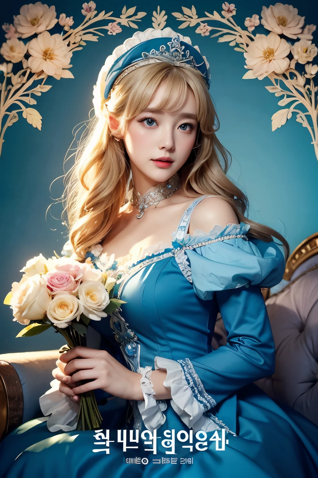 Blonde girl wearing blue dress and hat holding flowers, Korean Art Nouveau Animation, light novel cover art, Maid of the Enchanted Forest, Rococo Queen (Rococo Queen), sleeve cover art, Animation Key Visual Elegant, Portrait of the magical ta girl,