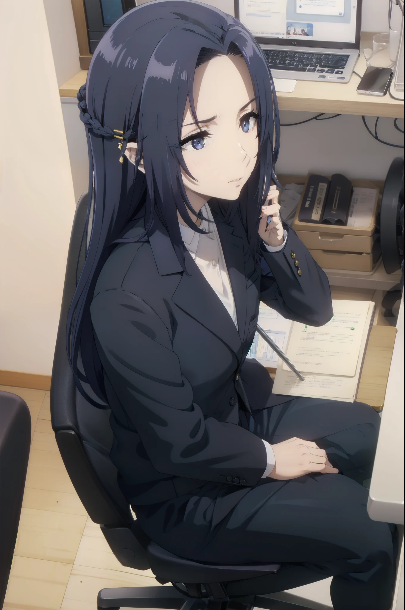 blue hair,,long hair,blue eyes,(((office suit,)))(disgust,looking disgusted, abhore),in the office,sitting on the office chair