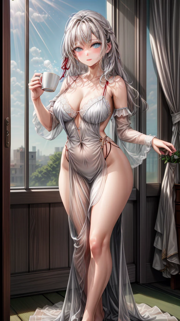 

(1 girl), (Masterpiece), (Best Quality), ((looking at the viewer)), ((whole body)),((in front of the viewer)), ((dress that highlights your figure)), ((by white)), ((good ))

An incredibly beautiful young woman with snow-white hair and deep blue eyes like sapphires looks gracefully out the window upon waking up.. Her figure is slim and elegant., adorned with a delicate, Exquisite white silk nightgown trimmed with lace that accentuates your perfect skin under the soft morning light. She holds a cup of tea gracefully., while the first rays of the sun illuminate his angelic face, reflecting an aura of serenity and tranquility.