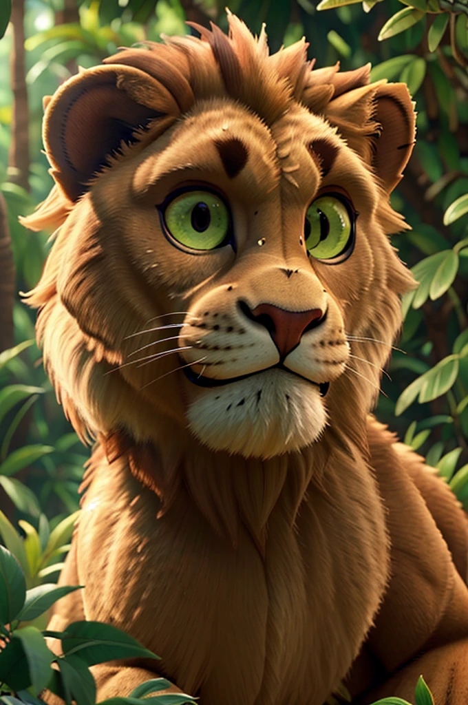a large muscular lion, detailed fur, intense eyes, majestic, in a lush jungle environment, dynamic pose, sunlight filtering through leaves, vibrant colors, detailed background, photorealistic, 8k, high quality, intricate details, cinematic lighting, powerful presence