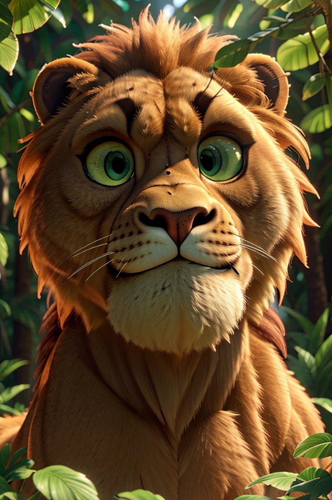 a large muscular lion, detailed fur, intense eyes, majestic, in a lush jungle environment, dynamic pose, sunlight filtering through leaves, vibrant colors, detailed background, photorealistic, 8k, high quality, intricate details, cinematic lighting, powerful presence