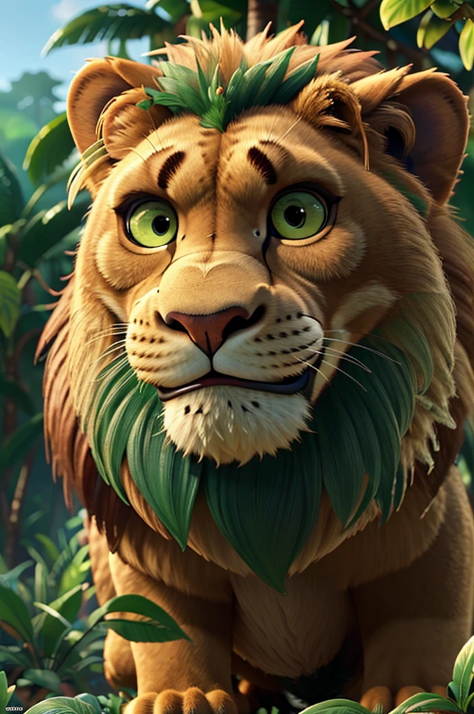 a large muscular lion, detailed fur, intense eyes, majestic, in a lush jungle environment, dynamic pose, sunlight filtering through leaves, vibrant colors, detailed background, photorealistic, 8k, high quality, intricate details, cinematic lighting, powerful presence