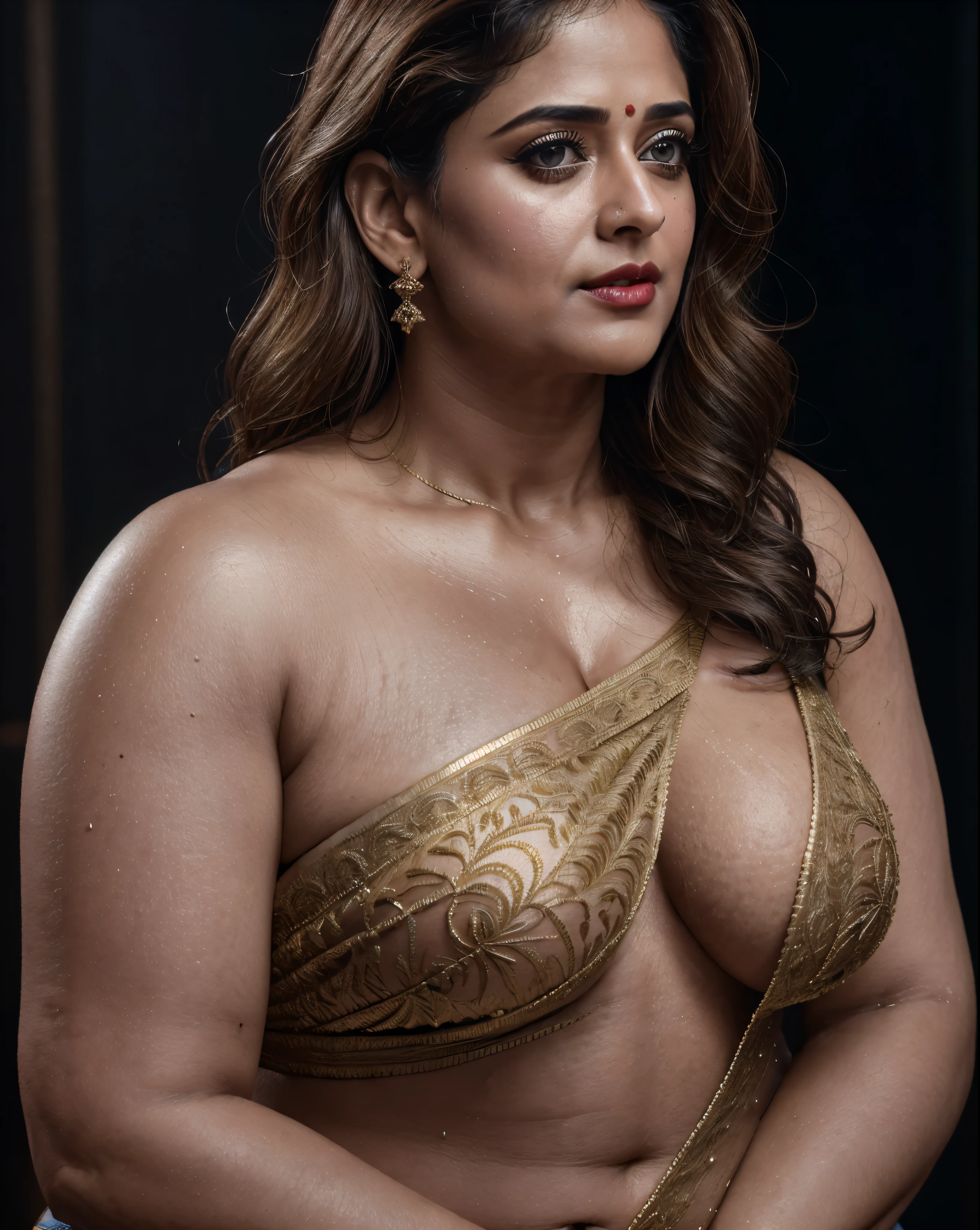 50yo mature MILF Anushka Shetty,((best quality)), ((masterpiece)), ((realistic)), eye kajal, mascara, red lips, sensual Beauty, mommy,  full figured mommy, provoking body, extreme sweat, sweat soaked skin, slight stretch marks, alluring figure,  bulging figure, thick charming lady, curvy, thick navel, full figured woman, eye kajal, massive breast, full body, styled hair, pierced eyes, female face,royal aura, trend on artstation , sharp focus, studio photo, intricate detail, very detailed, detailed eye, illustration, very detailed, sharp focus, digital render, professional, 4k