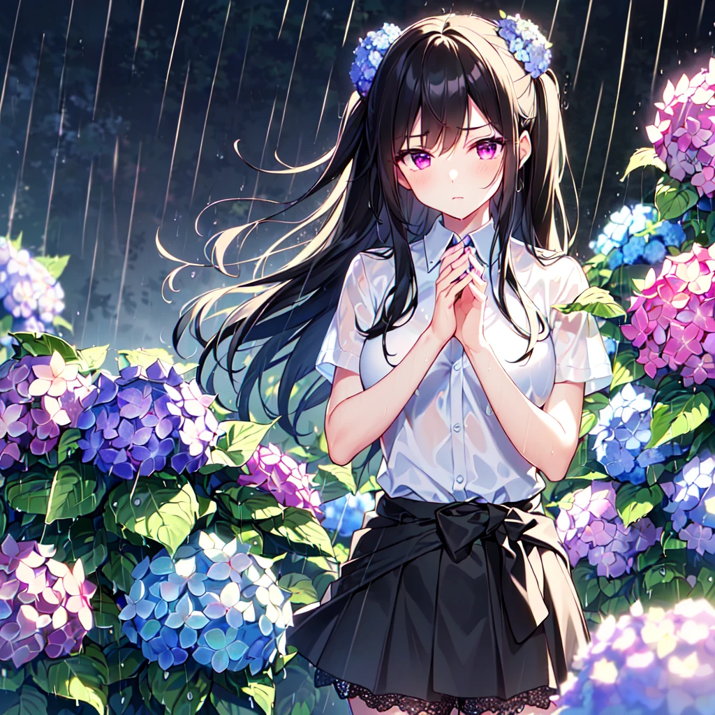 MASTERPIECE, best quality, high quality, extremely detailed, very delicate and beautiful, (1 female 18 years old solo: 1.2), (long black hair, two-side up to waist: 1.4), fringes to eyebrows, eyes. (eyes sharp, strong glossy glossy eyes, eyebrows glossy, (eye colour magenta: 1.3), 6.5 head tall, (shirt: 1.3), skirt, knee socks, lace, (melancholy expression), (hands folded),(Standing ), (dynamic pose), (background hydrangea garden: 1.3), (rain: 1.3), (upper body:1.3)