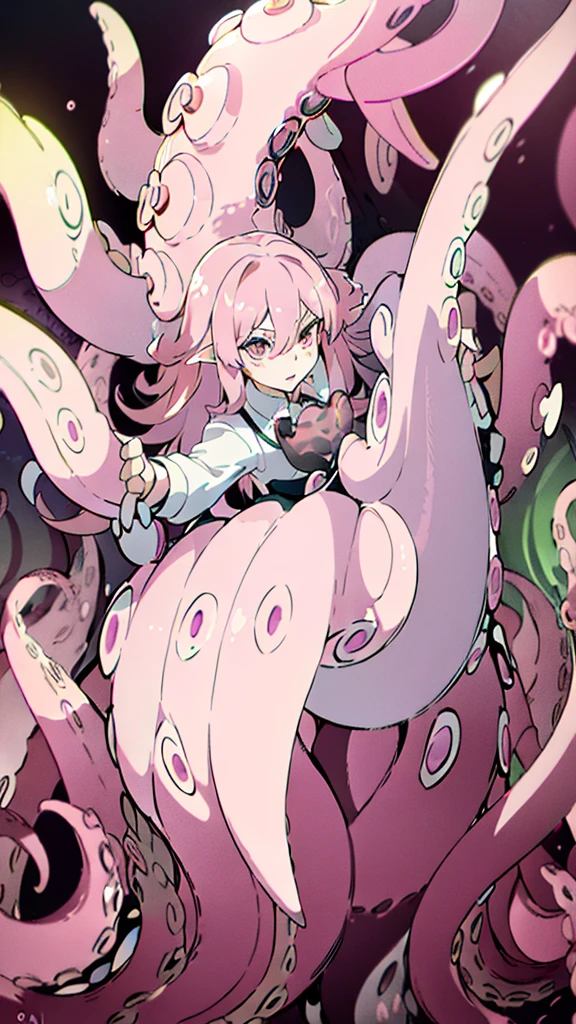 ((best quality)), ((highly detailed)), absurdres, (detailed eyes),((1girl,20 years old,solo,mature female,tall)),long hair,pink hair,(((white shirt,black standart tie,black skirt))),dynamic pose, cowboy shot, (((pink scylla))), (((pink octopus girl))), standing, (pink tentacles:1.33), (suction cups:1.33), (fused:1.33), ((pink tentacle legs)), squidlegs, ((underwater,sea, aurora,night)), serious,graceful,best hands