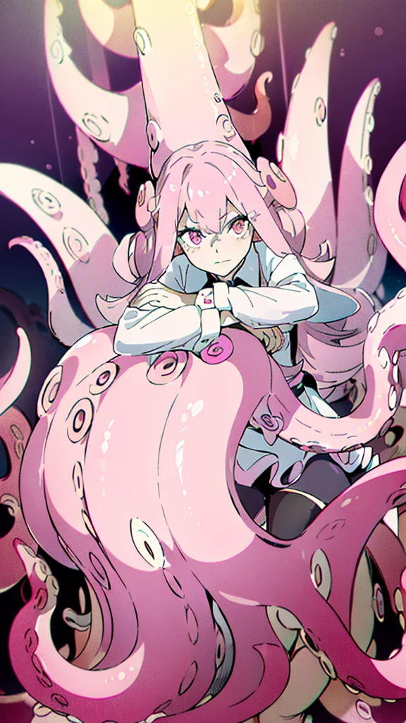 ((best quality)), ((highly detailed)), absurdres, (detailed eyes),((1girl,20 years old,solo,mature female,tall)),long hair,pink hair,(((white shirt,black standart tie,black skirt))),dynamic pose, cowboy shot, (((pink scylla))), (((pink octopus girl))), standing, (pink tentacles:1.33), (suction cups:1.33), (fused:1.33), ((pink tentacle legs)), squidlegs, ((underwater,sea, aurora,night)), serious,graceful,best hands