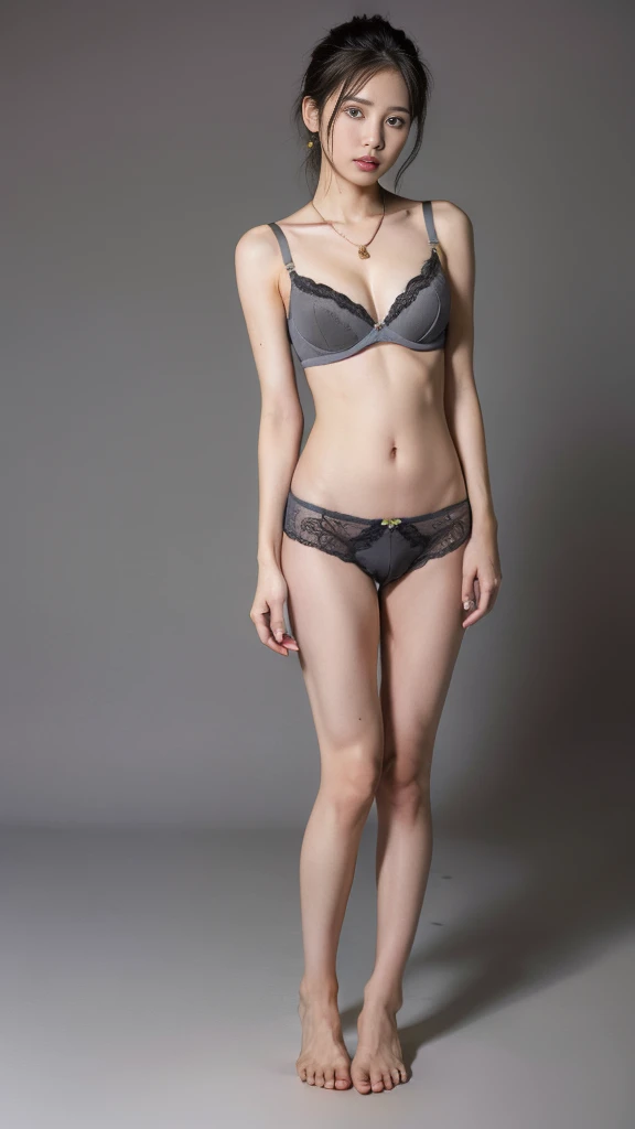 asian lady (nude bra, panties), necklace, small breast, rounded shape breast, ((she)), ((mid-shot, full body, slender waist)), Hair Up Do、 Glowing eyes, nose blush, Carl Larsson, Alfonse Mucha, Chiaroscuro, Film Glenn, reflective light, (((long-Shot))), knee to top,longshot show (((full body))), masterpiece, high details, ((gray background, studio light )), peeing panties, urination, pee stream from her panties.