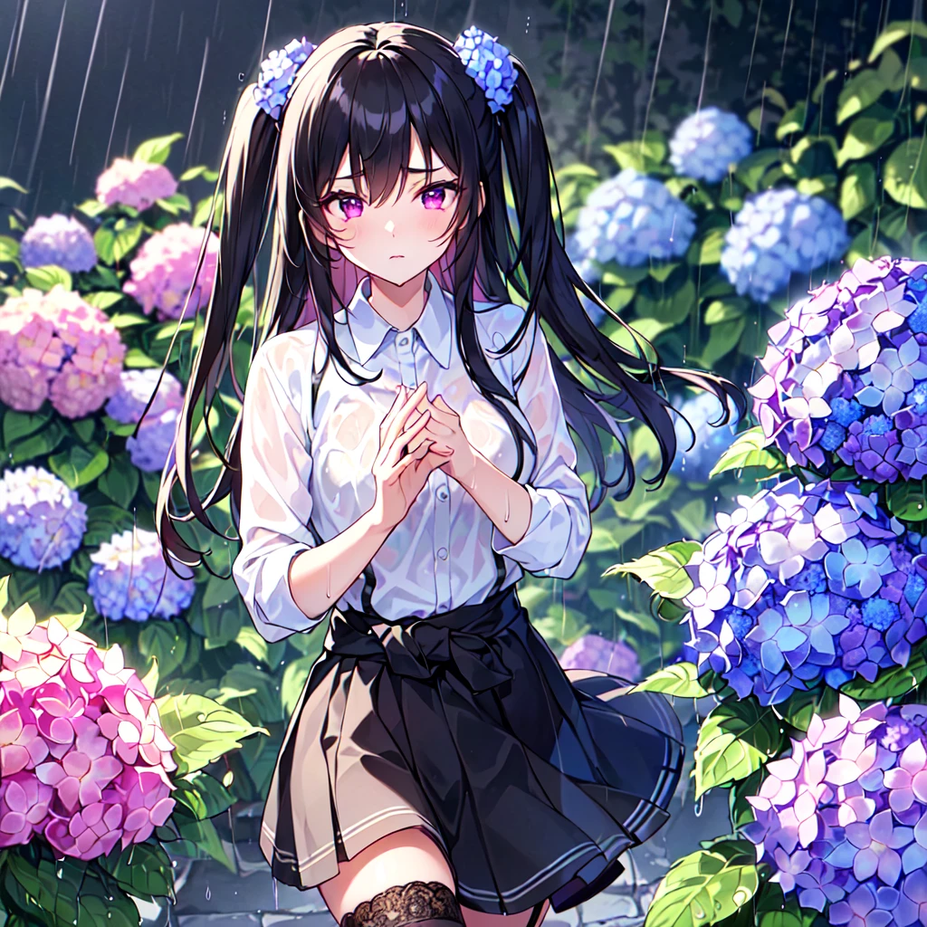 MASTERPIECE, best quality, high quality, extremely detailed, very delicate and beautiful, (1 female 18 years old solo: 1.2), (long black hair, two-side up to waist: 1.4), fringes to eyebrows, eyes. (eyes sharp, strong glossy glossy eyes, eyebrows glossy, (eye colour magenta: 1.3), 6.5 head tall, (shirt: 1.3), skirt, knee socks, lace, (melancholy expression), (hands folded), (dynamic pose), (background hydrangea garden: 1.3), (rain: 1.3).