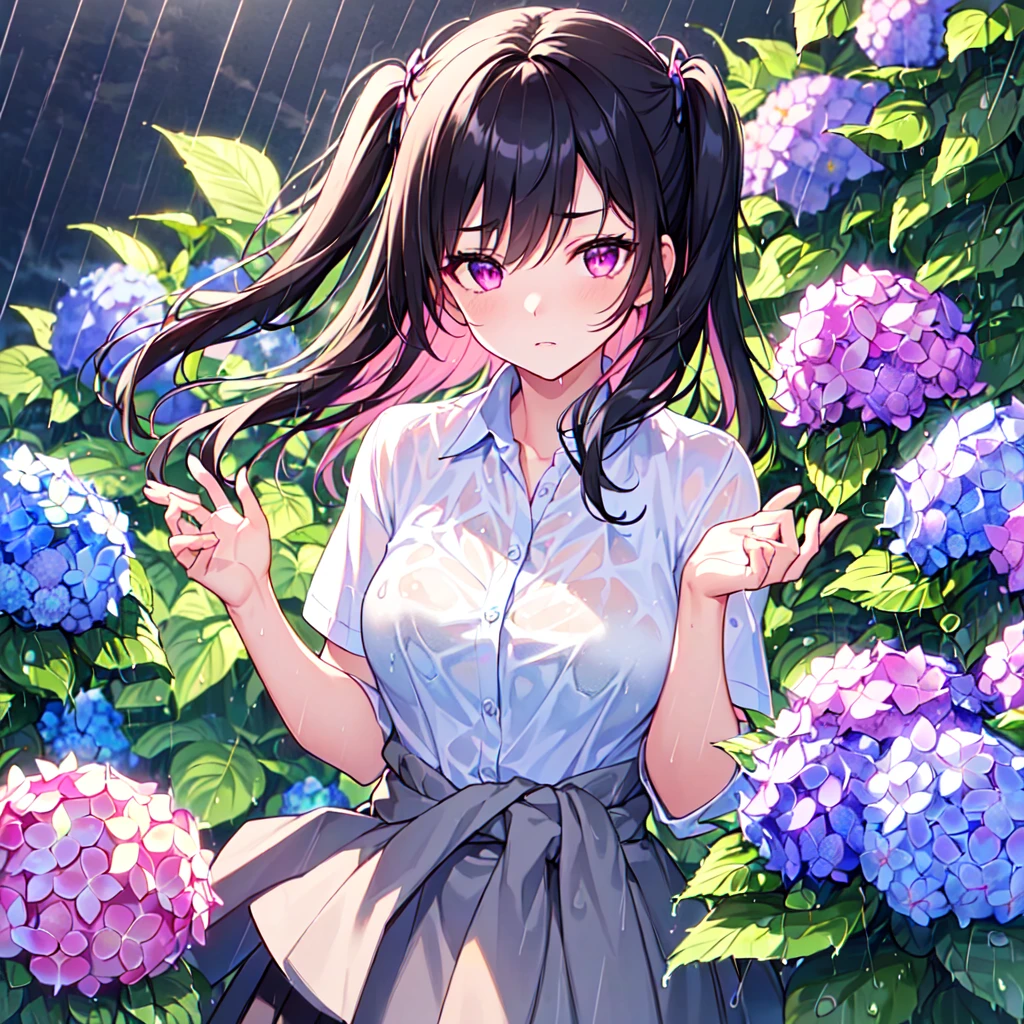 MASTERPIECE, best quality, high quality, extremely detailed, very delicate and beautiful, (1 female 18 years old solo: 1.2), (long black hair, two-side up to waist: 1.4), fringes to eyebrows, eyes. (eyes sharp, strong glossy glossy eyes, eyebrows glossy, (eye colour magenta: 1.3), 6.5 head tall, (shirt: 1.3), skirt, knee socks, lace, (melancholy expression), (hands folded),(Standing ), (dynamic pose), (background hydrangea garden: 1.3), (rain: 1.3), (upper body:1.3)