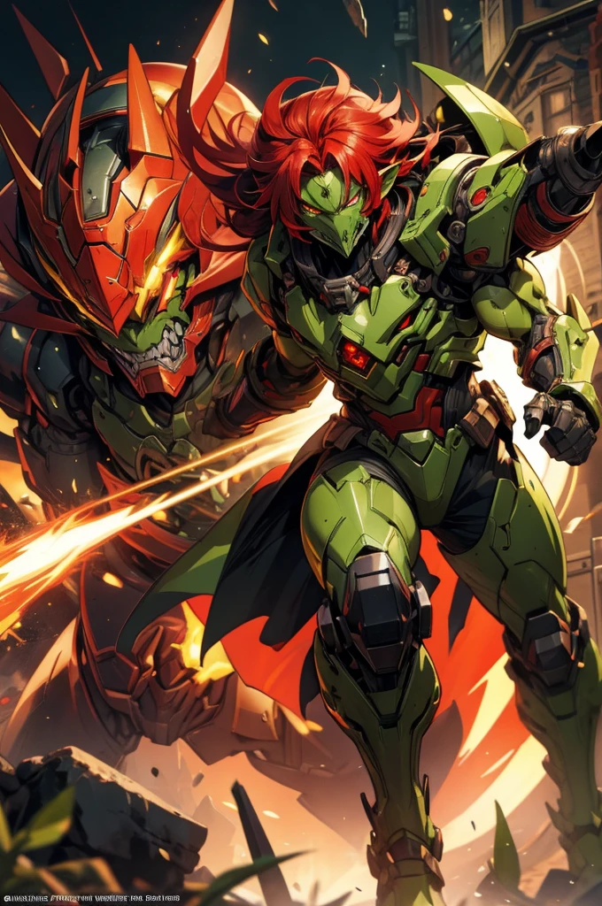 goblin engineer class, red hair, golden eyes, green skinned, full body art