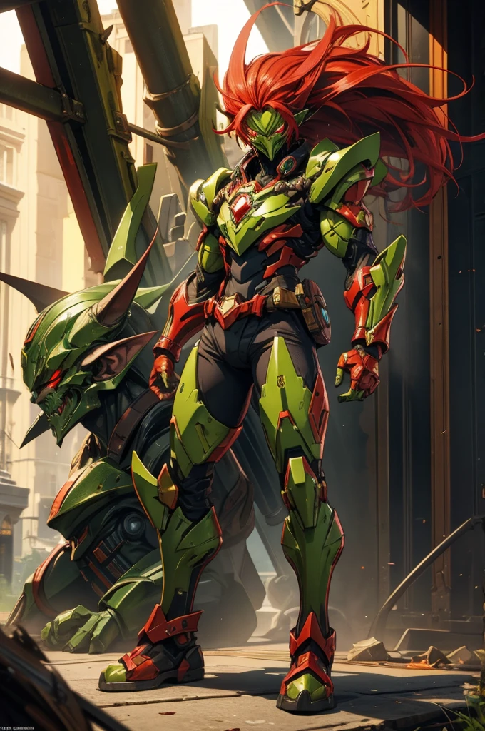 goblin engineer class, red hair, golden eyes, green skinned, full body art