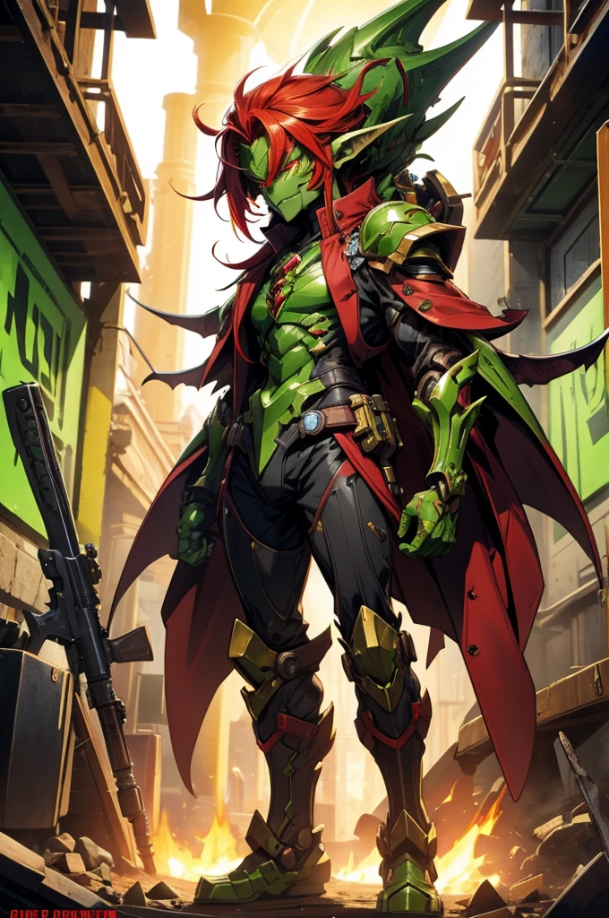 goblin engineer class, red hair, golden eyes, green skinned, full body art