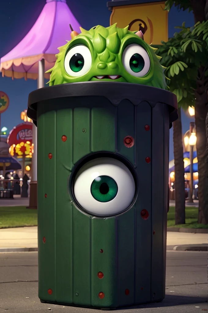 a monster inside a square green trash can, showing only round white eyes with black pupils,with a white claw holding a lollipop in front of an amusement park at night