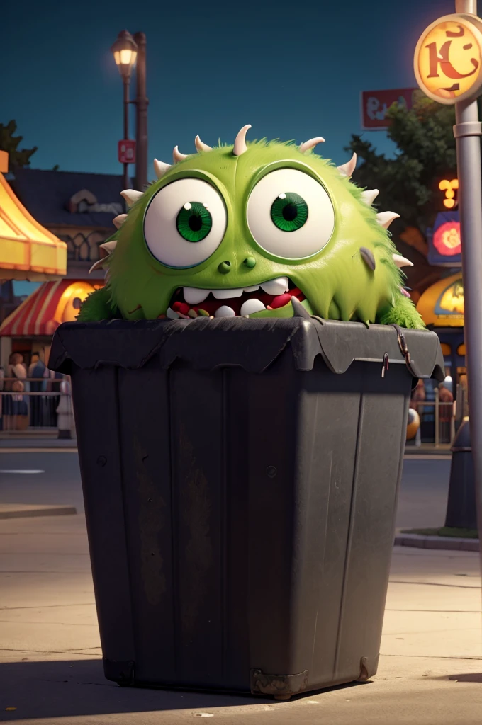 a monster inside a square green trash can, showing only round white eyes with black pupils,with a white claw holding a lollipop in front of an amusement park at night