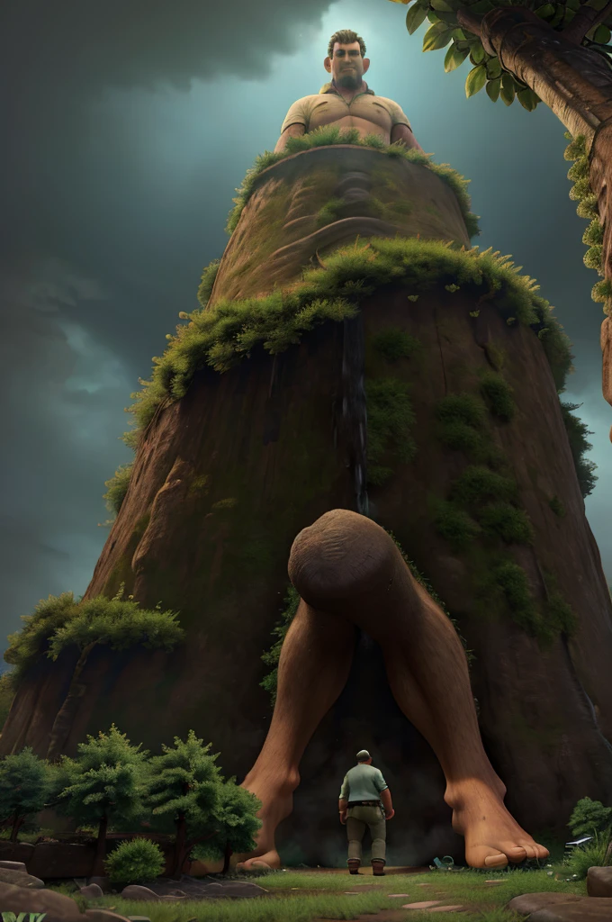 A giant man climbing down a towering beanstalk, highly detailed, extremely realistic, photorealistic, 8K, HDR, volumetric lighting, dramatic lighting, moody atmosphere, lush green foliage, ancient castle in the distance, realistic texture, intricate details, cinematic composition, masterpiece