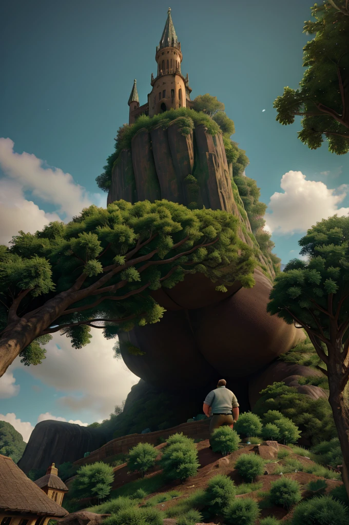 A giant man climbing down a towering beanstalk, highly detailed, extremely realistic, photorealistic, 8K, HDR, volumetric lighting, dramatic lighting, moody atmosphere, lush green foliage, ancient castle in the distance, realistic texture, intricate details, cinematic composition, masterpiece