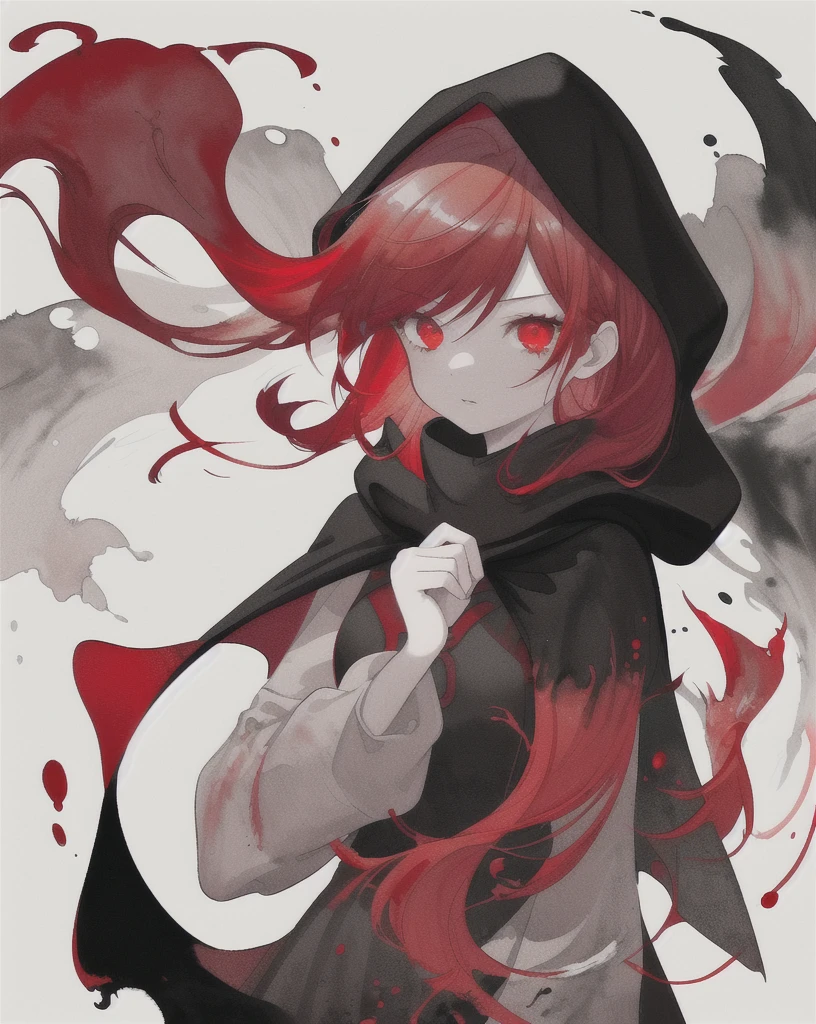 1girl,(red hair)),red eyes,萝,long hair,(loose long hair),((black cloak)),(cape hood),scarf,red moon on the sky,night,floating red flowers falling,upper body,ruins,intense shadows,ash,fire,ice,((Ink wash painting)),((ink splashing)),((color splashing)),