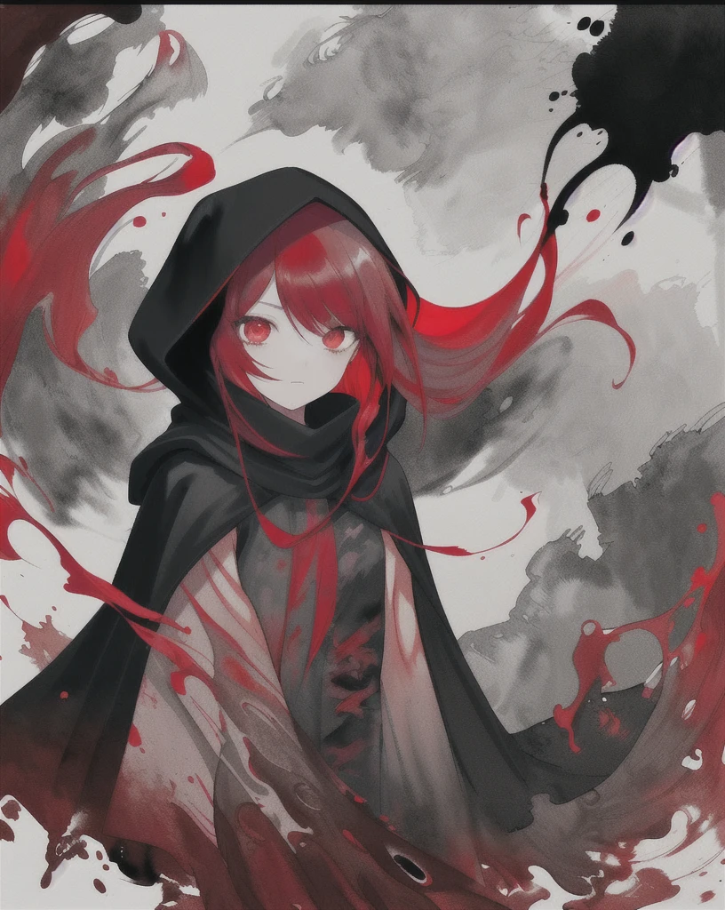 1girl,(red hair)),red eyes,萝,long hair,(loose long hair),((black cloak)),(cape hood),scarf,red moon on the sky,night,floating red flowers falling,upper body,ruins,intense shadows,ash,fire,ice,((Ink wash painting)),((ink splashing)),((color splashing)),