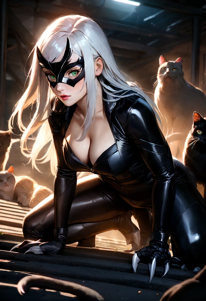 felhardy2023, 1 girl, uhd, best quality, masterpiece, cinematic lighting, white hair, toned, vibrant colors, photorealistic, black bodysuit, white fur, eye mask, long hair, claws, cleavage, gloves, green eyes, raw image, skin pores, crouching on rooftop, surrounded by cats, black cat