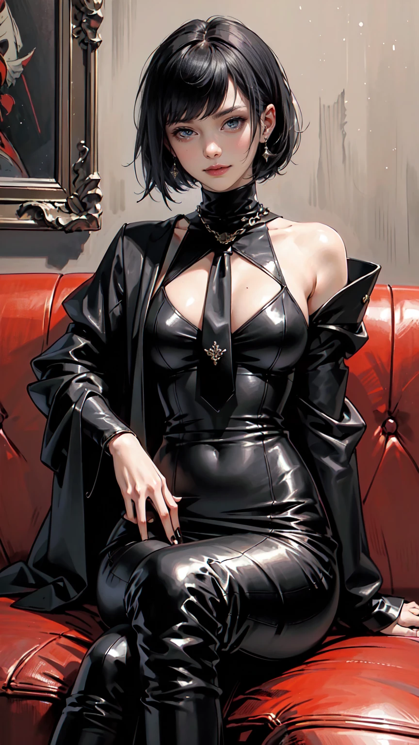 (Masterpiece, Best Quality, Ultra High Resolution , Digital Art,Beautiful and Aesthetic ) . ( One Fashionable adult girl with a short oblique bob, slender figure, expressive and dominating look ) in modern men's suit in youth style , matte black color , lovely thin white but long tie , (silk thick threads of red color connect the necklines on the sides of the whole suit) , . The character sits on a large massive sofa with lots of leather and metal patterns on it in vintage style , an interesting and atmospheric pose that characterizes the character , .