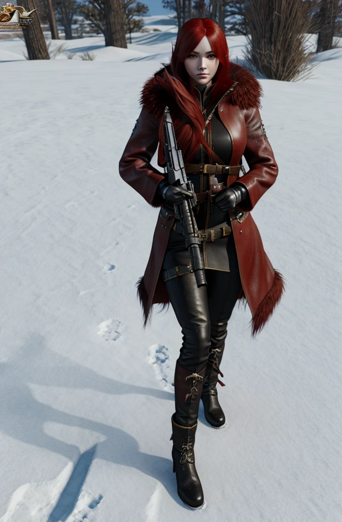 Huntress girl holding a rifle in snow battle pose,oriental,Blade and Soul,ink style,long red hair,leather and fur coat,Cold,Artwork,3D,4K,Detailed,Realistic, age 3