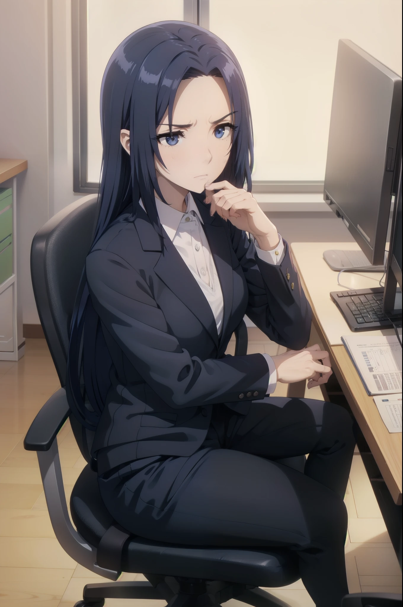 blue hair,,long hair,blue eyes,(((office suit,)))(disgust,looking disgusted, abhore),in the office,sitting on the office chair
