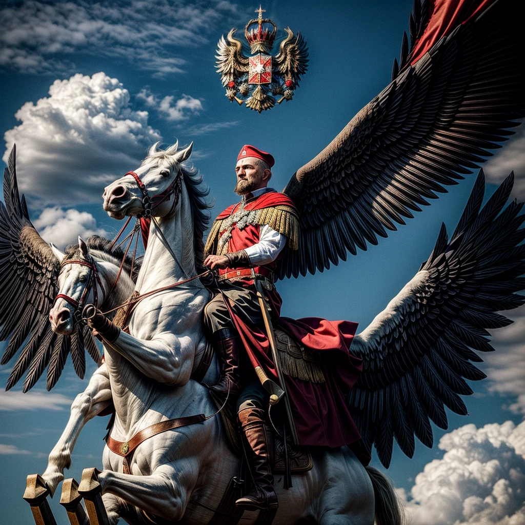 medieval king of Poland during ceremony, show of pride, power, strengh, patriot, polish eagle flying in background