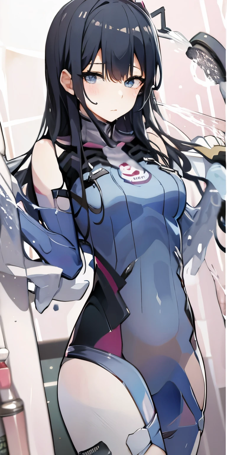 1 girl, superhero, junior high school girl, leotard, barefoot, knee high boots, gloves, shining body, the light that surrounds her body, particles of light, space background, Are standing, put your hands on your hips, cowboy shot, whole bodyショット, superpower, perfect anatomy, cowboy shot. long hair,
Blake is purple body suit, body suit, gloves, Black body suit, multicolored body suit, 
Blake is looking at viewer, whole body,
Blake is (pieces fly:1.2), highest quality, High resolution, unity 8k wallpaper, (figure:0.8), (beautiful and fine eyes:1.6), highly detailed face, perfect sentence, Detailed CG, (perfect hands, perfect anatomy),