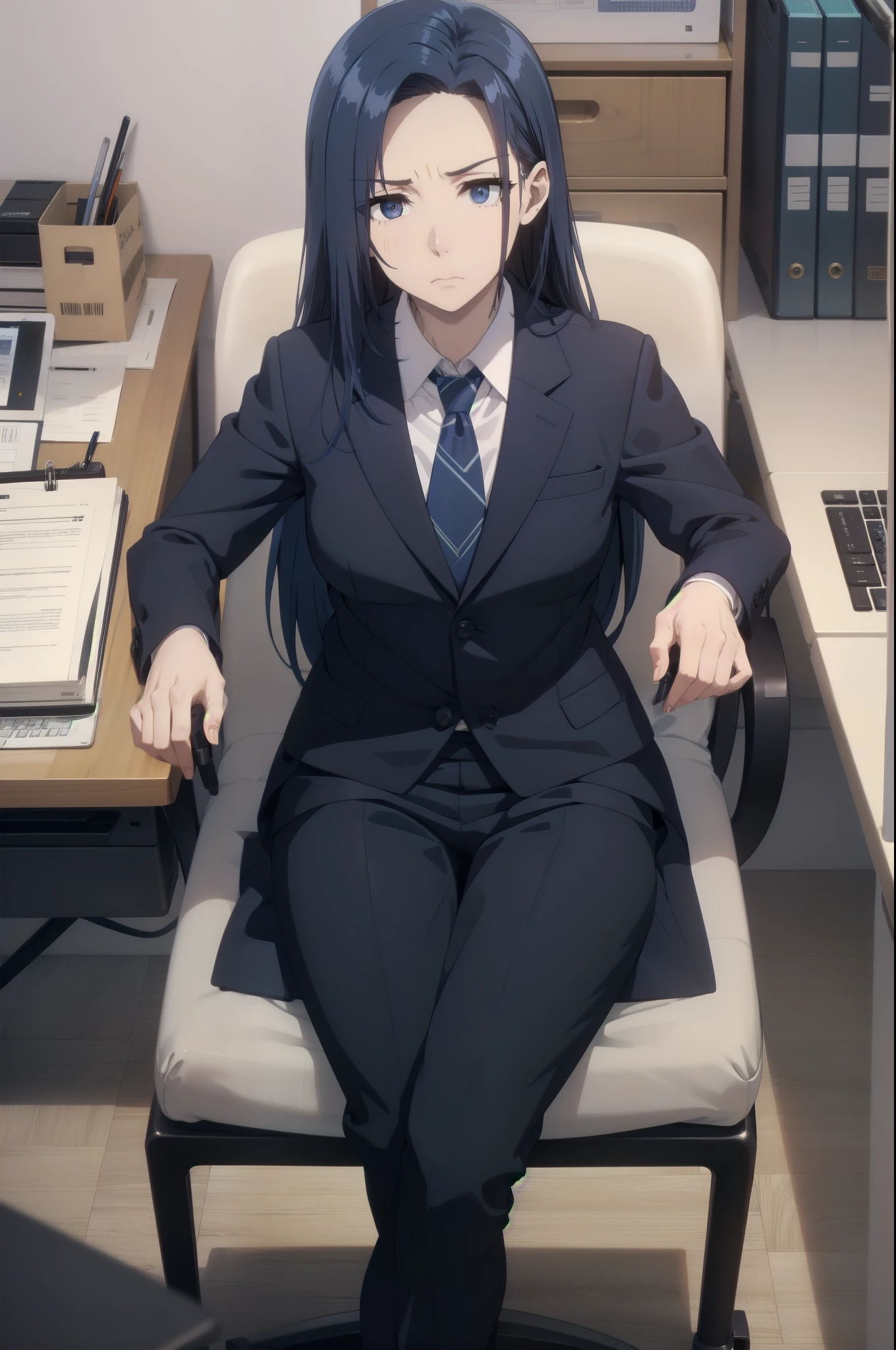 blue hair,,long hair,blue eyes,(((office suit,)))(disgust,looking disgusted, abhore),in the office,sitting on the office chair
